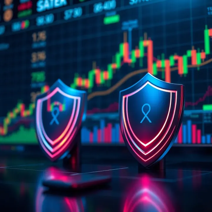 Visual representation of forex risk management using charts and protective shields symbolizing safety
