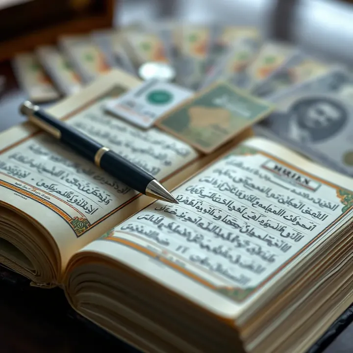 Open Quran with a pen beside currency notes symbolizing Shariah compliance
