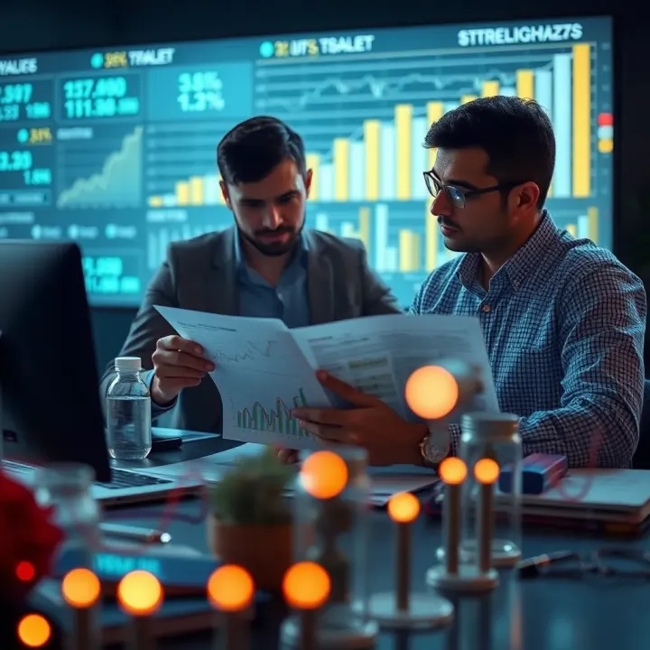 Business professionals analyzing charts and graphs to identify strategic risks impacting company growth