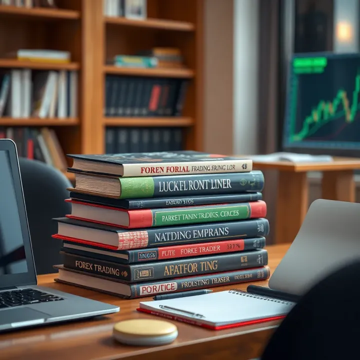 Essential Forex Trading Books for Pakistani Traders Collection of essential forex trading books stacked on a wooden desk with a laptop and notepad