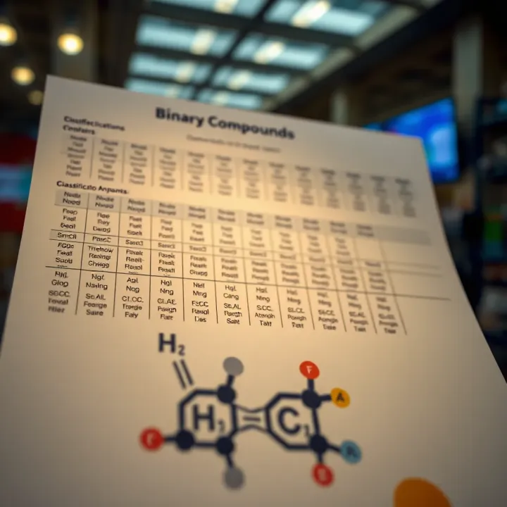 Chart displaying classification and common applications of various binary compounds in industrial and everyday contexts