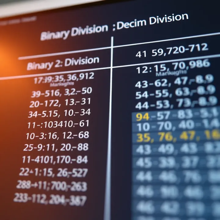 Comparison of Binary Division and Decimal Division Techniques Comparison chart showing differences between binary and decimal division methods