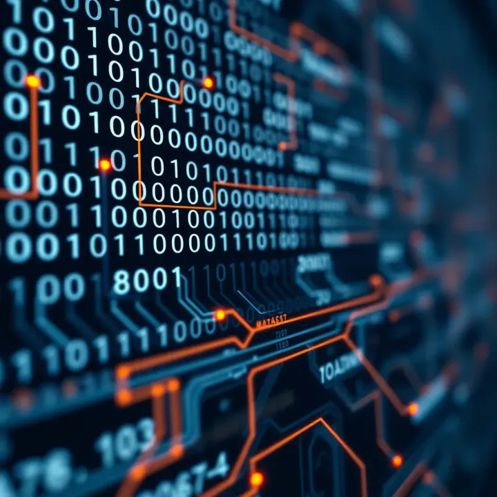Visualization of binary code consisting of ones and zeros flowing across a digital circuit board