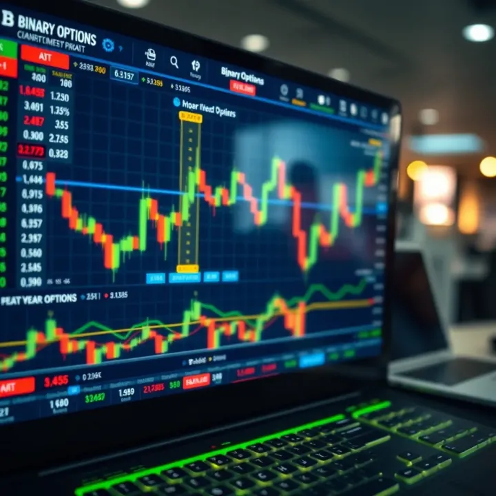 A digital interface displaying various binary options trading charts and data for investment analysis