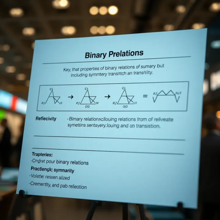 Chart depicting properties of binary relations including reflexivity, symmetry, and transitivity