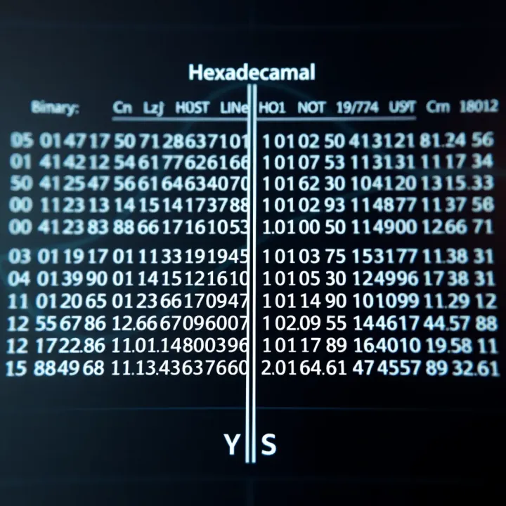 Chart showing matched binary and hexadecimal values side by side for easy reference