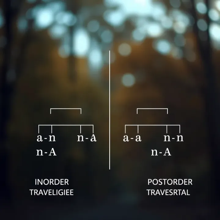 Visual representation of inorder and postorder traversal techniques with node paths marked on a binary tree