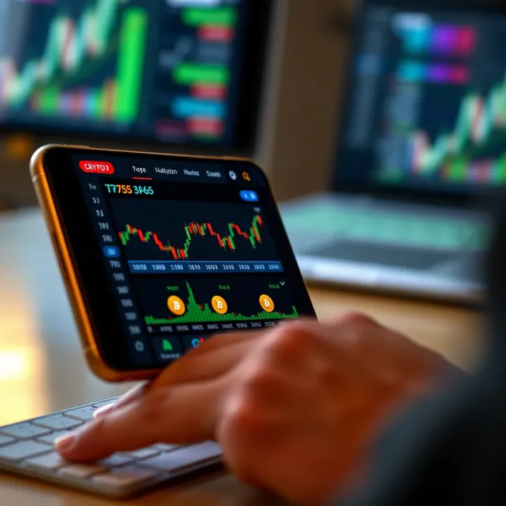 Mobile device displaying crypto trading app with charts and cryptocurrency icons