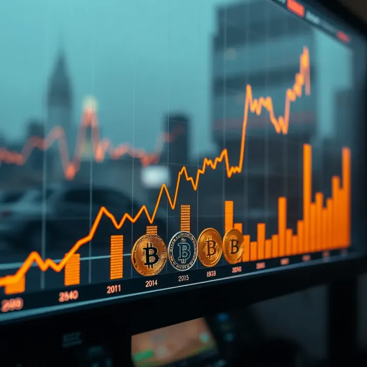 Graph displaying upward trend in cryptocurrency market values with digital currency icons