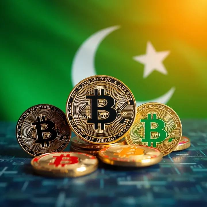 Digital representation of various cryptocurrencies with a Pakistani flag background