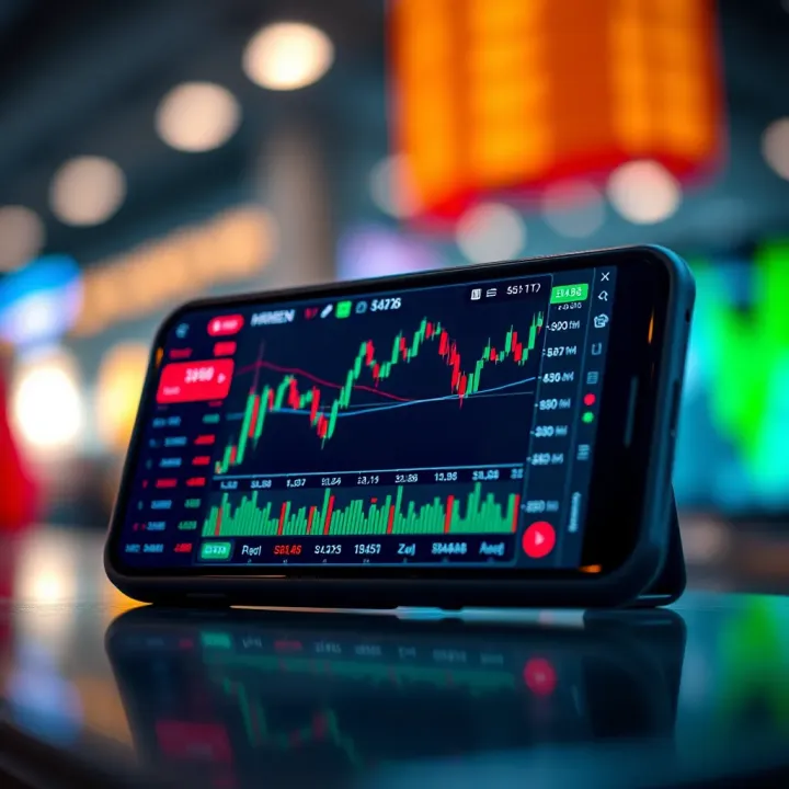 A smartphone displaying a forex trading app interface with charts and currency pairs