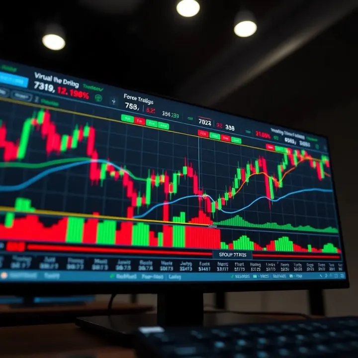 Graph showing forex trading simulation with currency charts and virtual trading interface