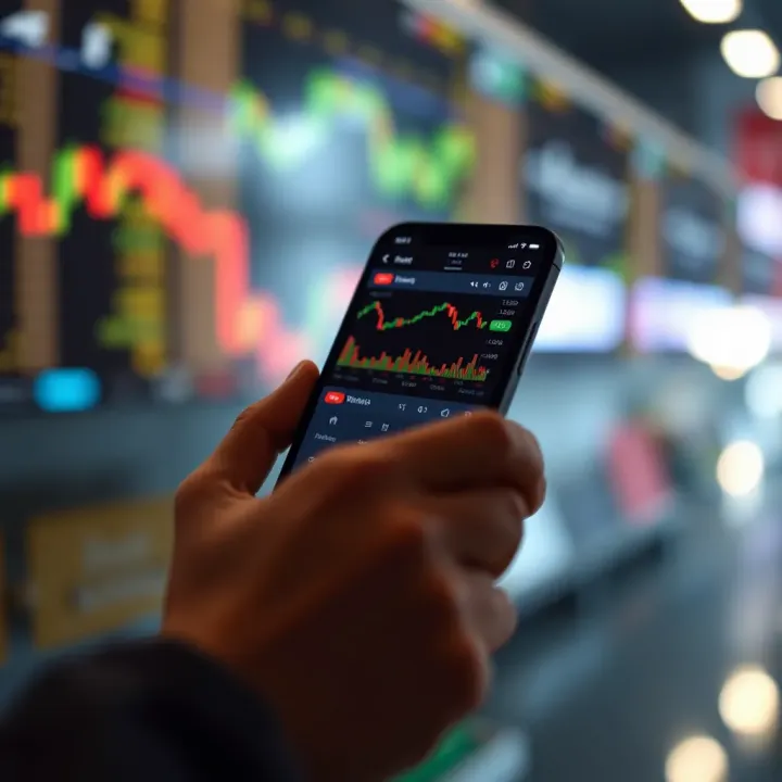Simulated Stock Trading Interface on Mobile Device Mobile phone displaying a stock market simulation app interface with charts and virtual trading options