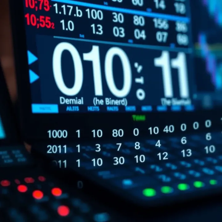 Visual comparison of decimal and binary number systems showing conversion examples