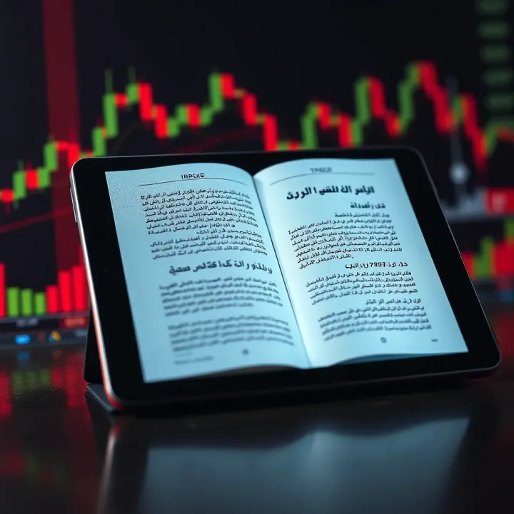 An open Urdu PDF book about cryptocurrency trading concepts on a tablet screen with digital charts in the background